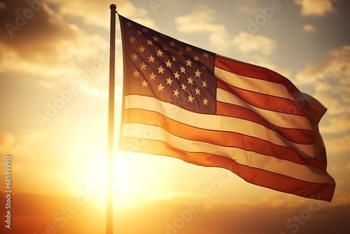 An inspiring image of the American flag waving proudly against a backdrop of a warm sunset sky. The sun's rays peeking around the flag create a radiant silhouette, highlighting the stars and stripes