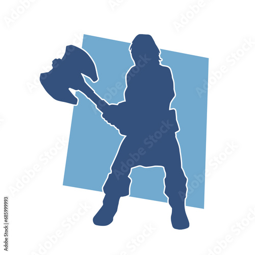 Silhouette of a sexy female warrior in battle armor carrying axe weapon and iron shield.