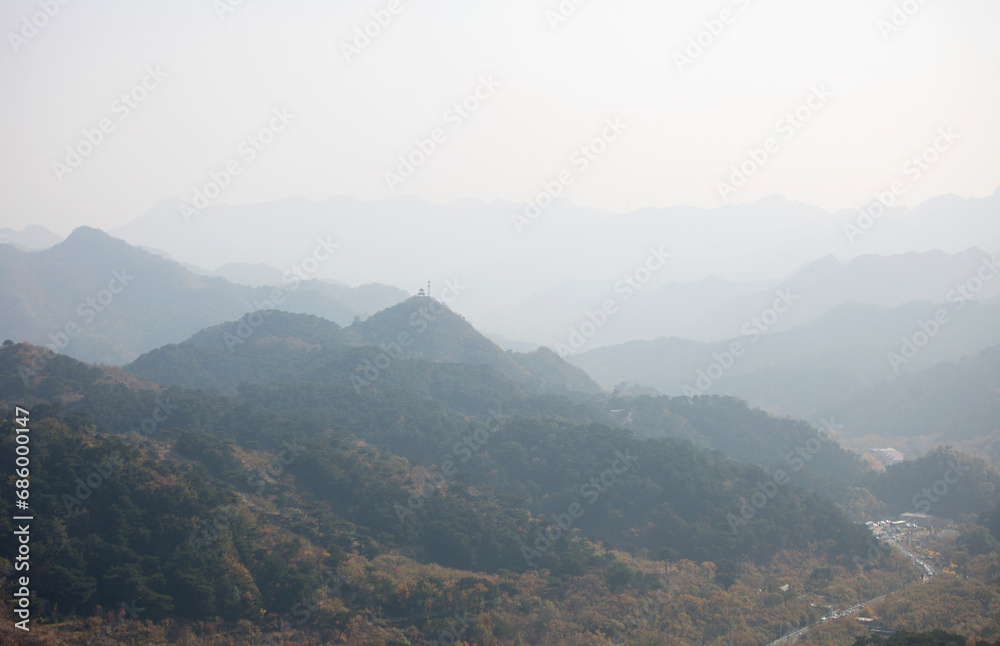 The mountains under the haze
