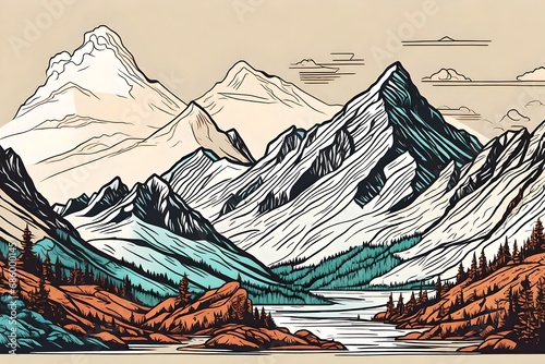 vector style drawing of the Canadian Rockies mountains landscape with flat colors