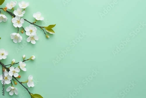 Spring flowers flat lay on a light-green background with a place for text. AI generative
