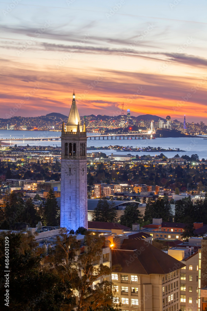 Sather Tower in UC Berkeley and San Francisco City Skyline at Sunset ...