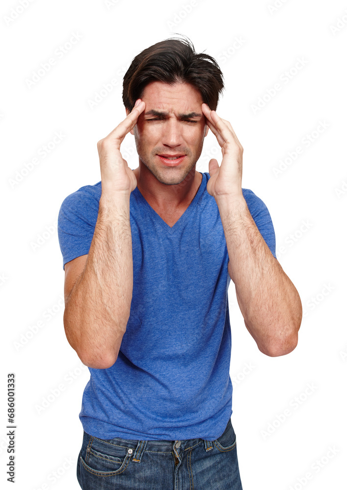 Man, headache and pain or stress, brain fog and mental health or frustrated, fatigue and tension. Male person, anxiety and temple massage for migraine, isolated and transparent png background Man, headache and pain or stress, brain fog and mental health or frustrated, fatigue and tension. Male person, anxiety and temple massage for migraine, isolated and transparent png background