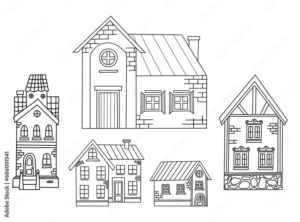 houses doodles. Urban and rural different stone architecture. Vector illustration. Isolated hand outline drawings.