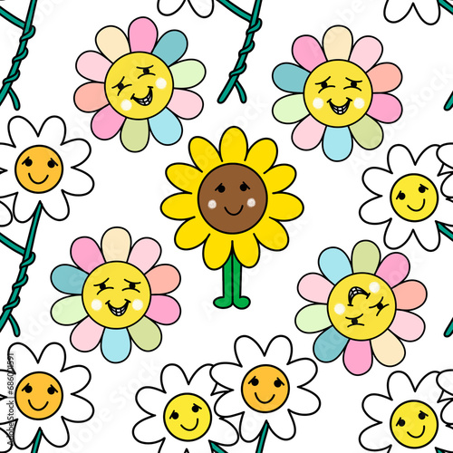 Bright yellow flowers cartoon patterns seamless art nature beautiful background look and comfortable relaxed fashion clothes T-shirt wrapping paper boy girl