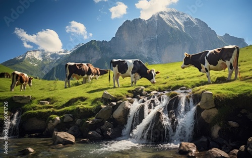 Swiss flatland with waterfall from large mountains and cows eating grass photo