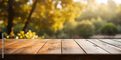 wooden decking with blurred jungle in background, product display mockup