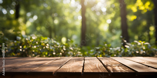 wooden decking with blurred forest in background, product display mockup with bokeh lights