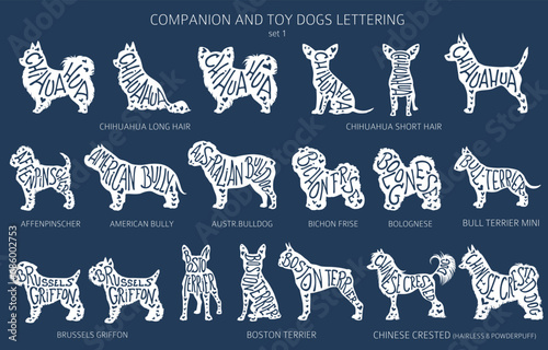 Dog breeds silhouettes with lettering, simple style clipart. Companion dogs and toy dogs collection
