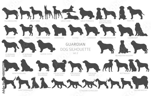 Dog breeds silhouettes, simple style clipart. Guardian dogs and service dog collection photo