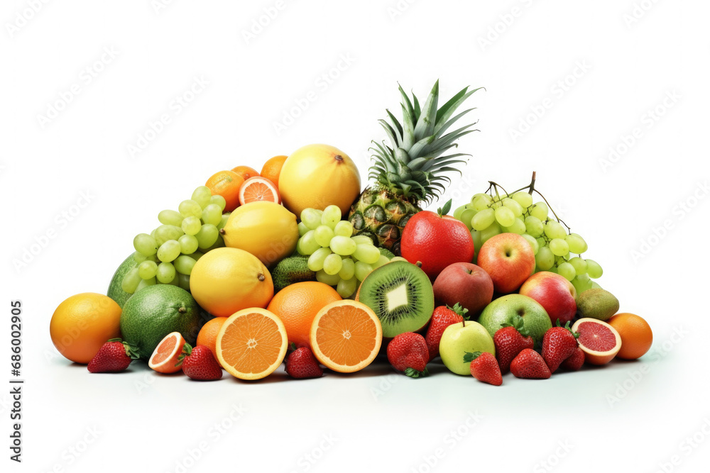 A colorful pile of various fruits with a pineapple placed on top. This vibrant image can be used to depict a healthy diet, tropical flavors, or a summer fruit salad