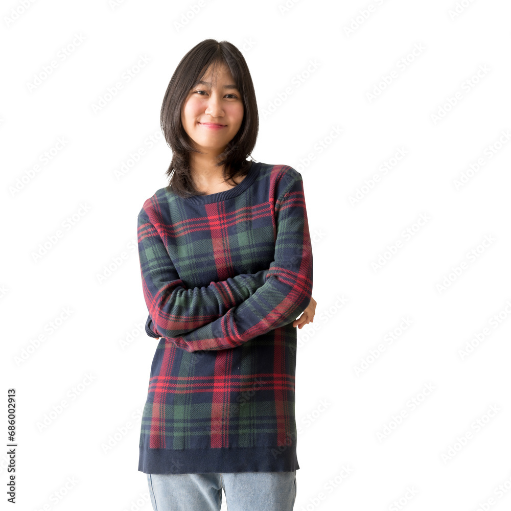 Portrait happy smiling asian teenager girl standing posing with arms crossed, Wearing a Christmas sweater winter season clothes, isolated on white and transparent background Portrait happy smiling asian teenager girl standing posing with arms crossed, Wearing a Christmas sweater winter season clothes, isolated on white and transparent background