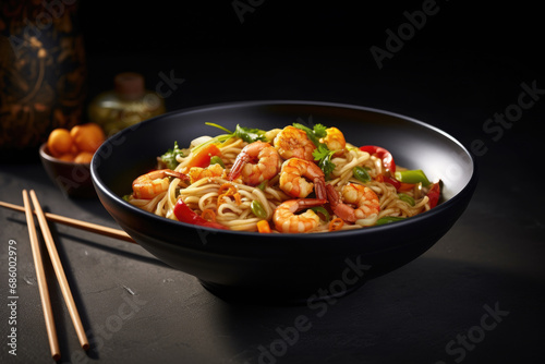 A delicious bowl of noodles with shrimp and fresh vegetables. Perfect for a quick and healthy meal option. Ideal for food blogs, restaurant menus, and recipe websites