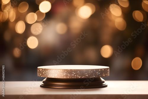 empty podium for product display mockup with bokeh lights background
