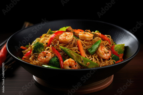 A black bowl filled with noodles and shrimp. This image can be used to depict a delicious Asian cuisine dish. Perfect for food blogs, restaurant menus, or recipe websites