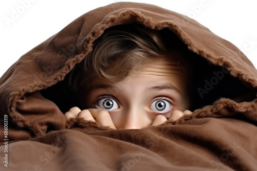 A little girl is seen peeking out from under a blanket. This heartwarming image captures the innocence and curiosity of childhood