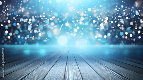 Glittering light blue white soft tone abstract particle bokeh background product presentation advertisement floor wooden table. generative ai