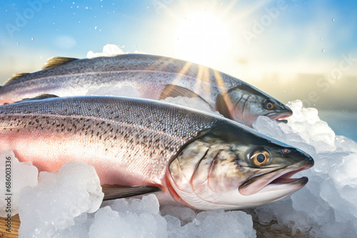 Fresh salmon or trout fish on ice, ready for cooking. Chilled fresh fish.