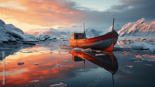 Arctic Reflection: Crimson Sky and Icebergs at Sunset