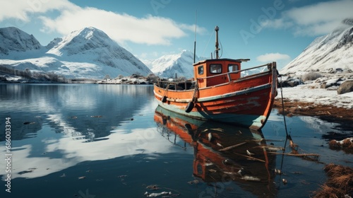 Resting Fishing Boat in a Peaceful Winter Fjord