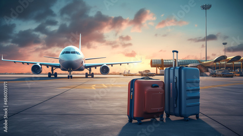 Travel concept. Airport with luggage suitcases and airplane