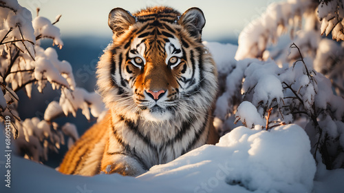 Beautiful wild siberian tiger on snow photo