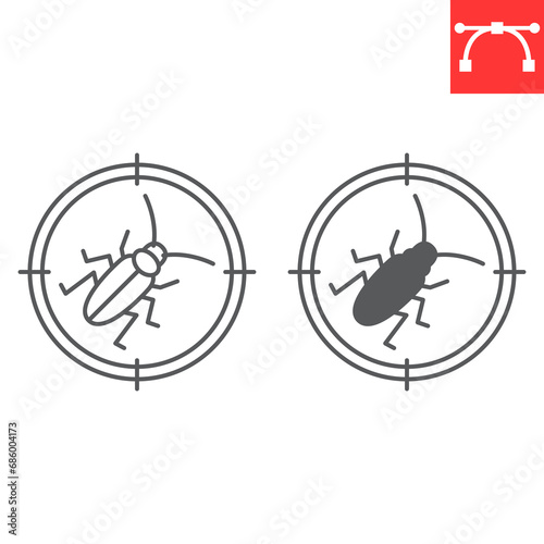 Cockroach target line and glyph icon, pest control and kill insect, cockroach in crosshair vector icon, vector graphics, editable stroke outline sign, eps 10.