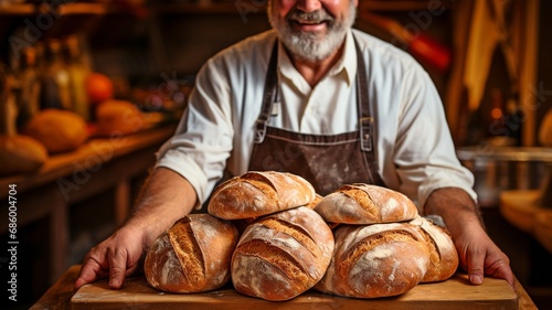 Chef or baker with freshly baked bread .