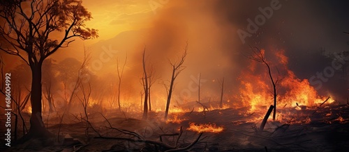 Forest fires are destructive natural disasters resulting in scorched trees and ash, with smoke and fire engulfing the area.