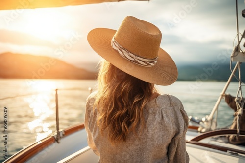 Back view of woman in hat and white dress sitting on the boat and looking at the sea, A beautiful tourist woman, seen from the rear, with a sun hat, sits on a yacht and looks at the sea, AI Generated