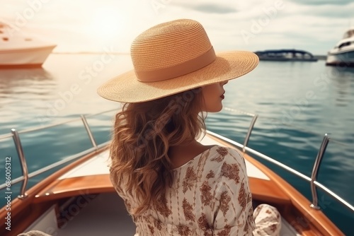 Beautiful young woman in hat and dress on a yacht at sunset, A beautiful tourist woman, seen from the rear, with a sun hat, sits on a yacht and looks at the sea, AI Generated © Ifti Digital