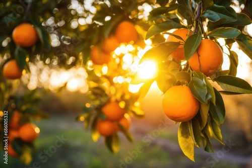 Orange trees in the garden at sunset. Tangerine tree with ripe fruits, A branch with natural oranges against a blurred background of an orange orchard at golden hour, AI Generated