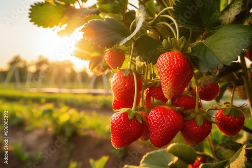 Strawberry plant in the field at sunset. Fresh strawberry on the field, A branch with natural pomegranates against a blurred background of a pomegranate garden during the golden hour, AI Generated