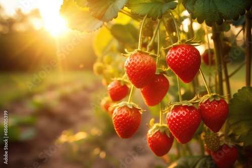 Strawberry field at sunset in the countryside of Thailand. Beautiful natural background  A branch with natural pomegranates against a blurred background of a pomegranate garden  AI Generated