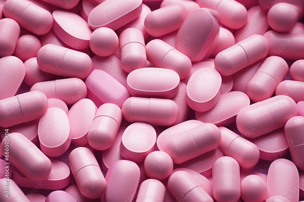 pink pills on a dark background, top view, close-up, A lot of pink medicine pills, AI Generated