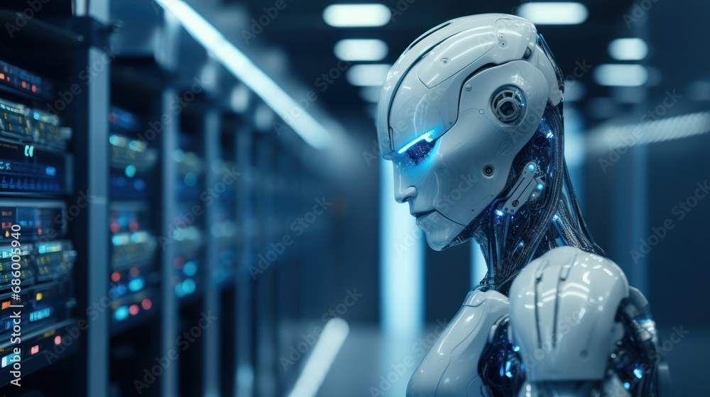 Futuristic Robot in Data Center Futuristic Robot in Data Center