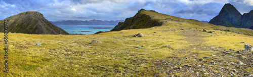 beautiful panorama with grassy plateau in mountains and viewon thesea in lofo...