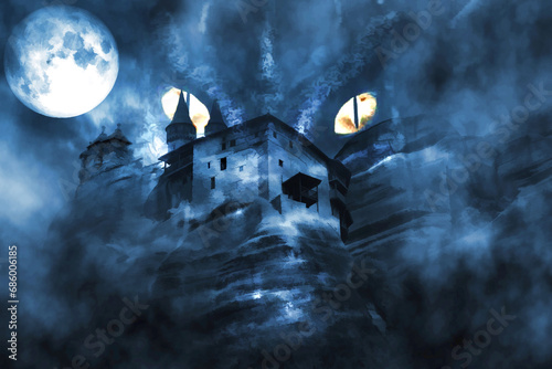 Dark castle in the rocks. Digital illustration art. Not AI !