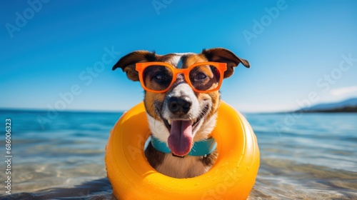 Dog with Sunglasses Floating on a Swim Ring