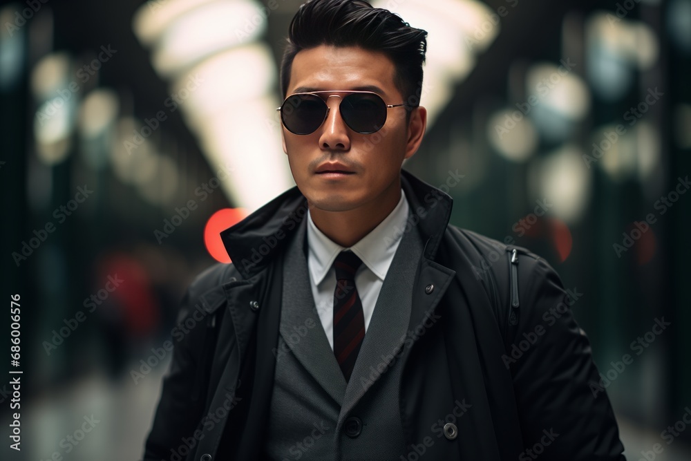 Stylish man in suit and sunglasses posing in an urban setting.