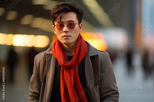 Stylish young man in sunglasses and a red scarf outdoors with blurred city background. photo