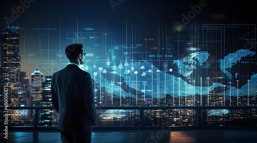 Businessman analysing economic growth graph financial data. Stock market investment. Financial and banking Technology. Business strategy and digital marketing concept. generative ai.