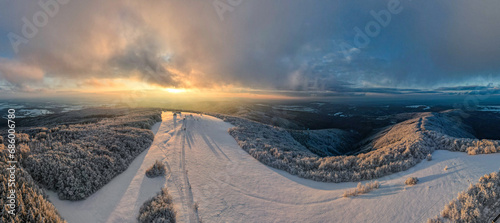 Winter photos of the highest mountain of the White Carpathians. Big Javorina. Transmitter on the kopje at sunset.  photo