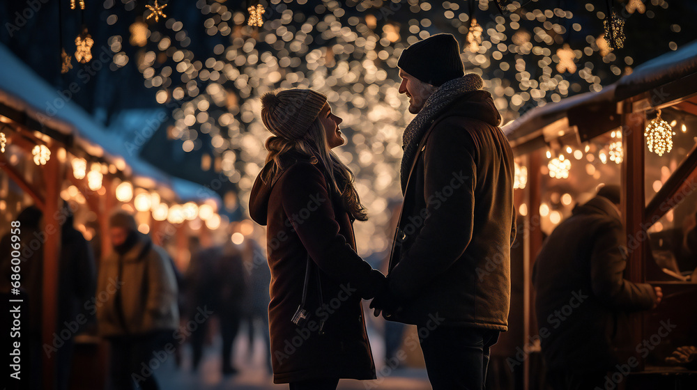Couple Embracing at Christmas Market.  Christmas Market Magic. Young Love Under the Twinkling Lights