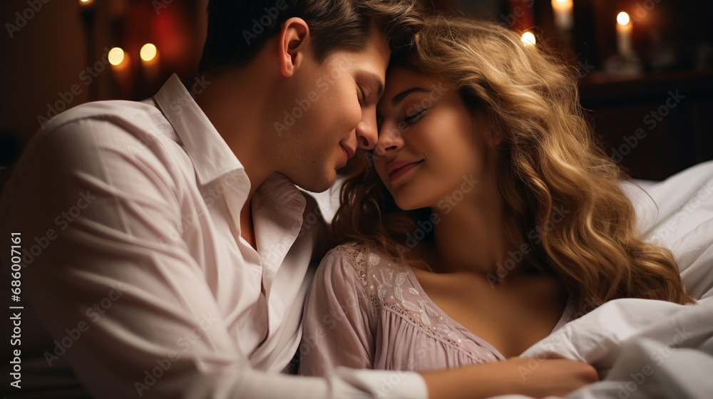 Kisses in Bed. Bedtime Love Story. Couple in White Bed Kisses in Bed. Bedtime Love Story. Couple in White Bed