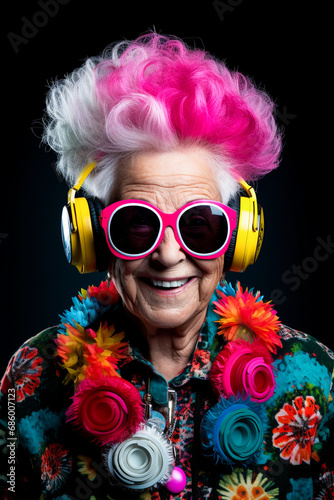 Cool grandma. Elderly woman listens to music on headphones © EwaStudio