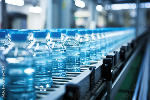  Liquid production conveyor glass bottles modern production line. Blurred background. Selective focus. Bottling plant production process essential goods. Factory for manufacturing of pure water supply