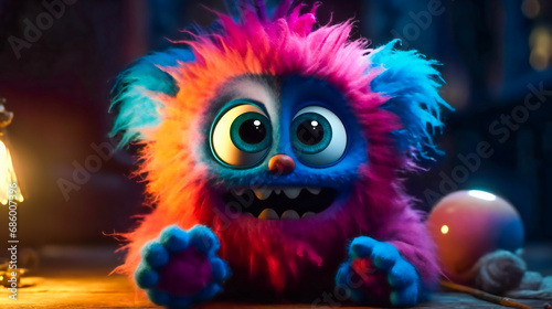 Cute and cuddly monster. Furry friend with big, friendly eyes and a cheerful grin. Generative AI