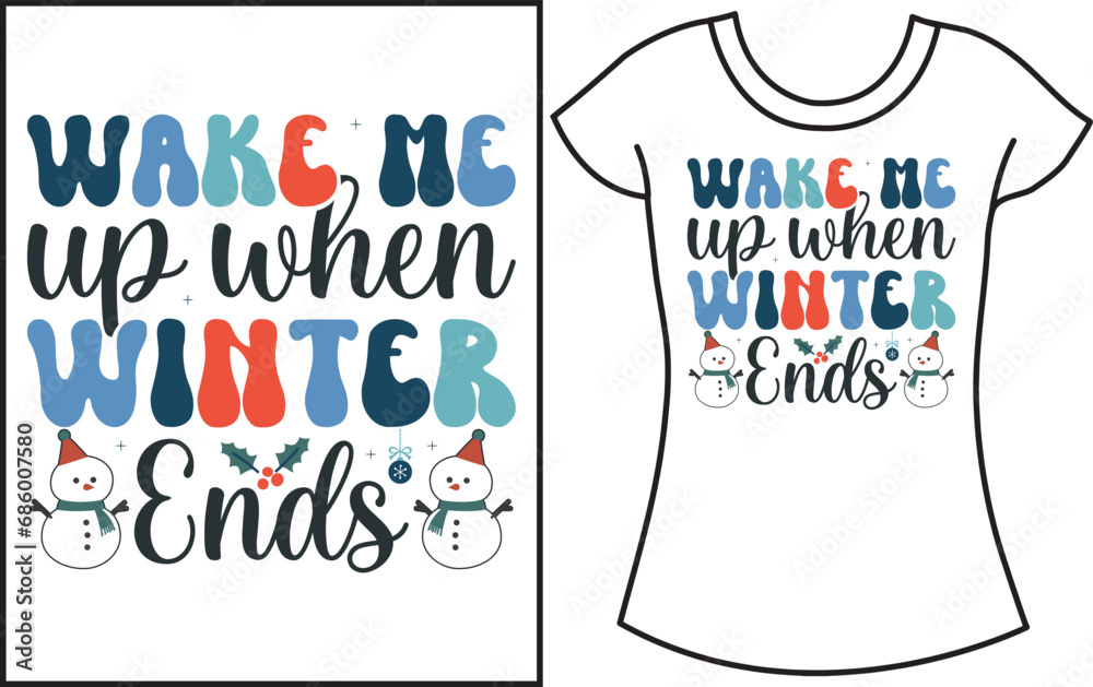 Winter Christmas snow groovy typography T shirt design.