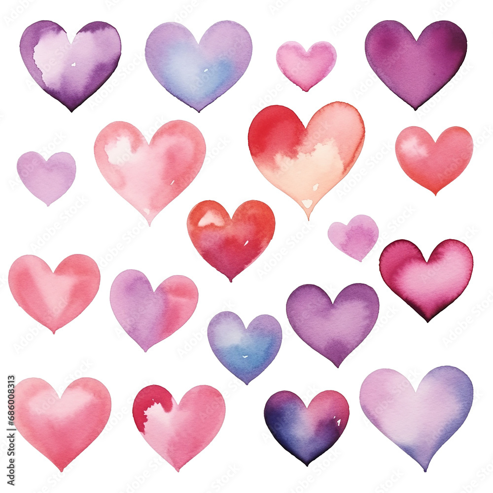 Pretty hand painted style watercolour hearts on a transparent background, great for valentines, social media, websites, greeting cards. Could be made in to stickers.